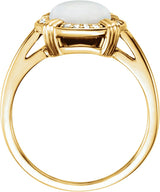 14K Gold Round Natural White Opal & Natural Diamond Cabochon Ring - Yellow Gold - view 2