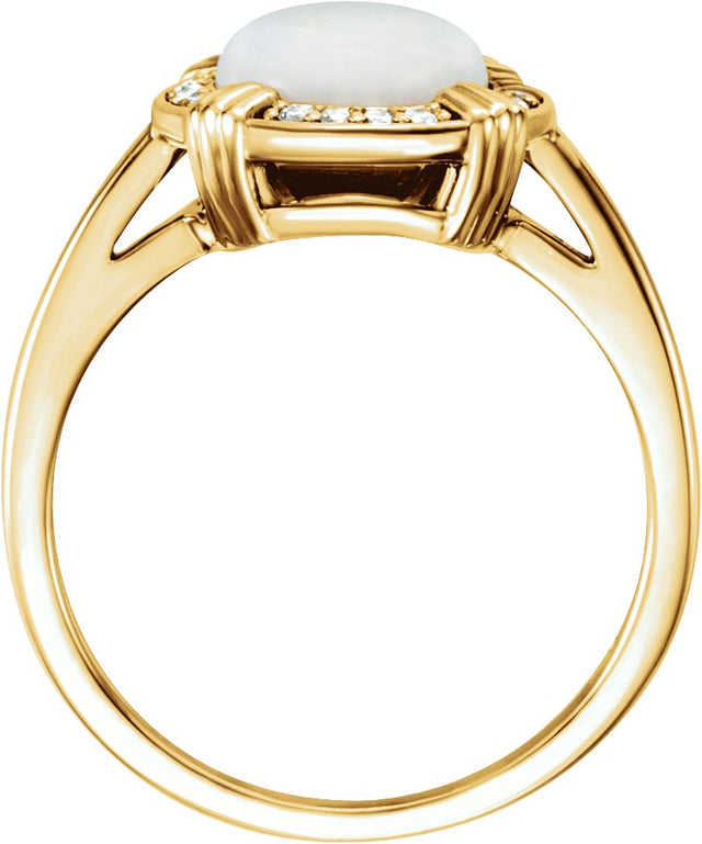 14K Gold Round Natural White Opal & Natural Diamond Cabochon Ring - Yellow Gold - view 2