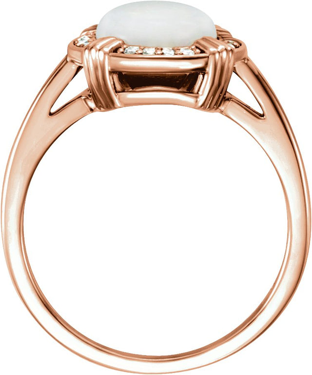14K Gold Round Natural White Opal & Natural Diamond Cabochon Ring - Rose Gold - view 2