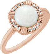 14K Gold Round Natural White Opal & Natural Diamond Cabochon Ring - Rose Gold