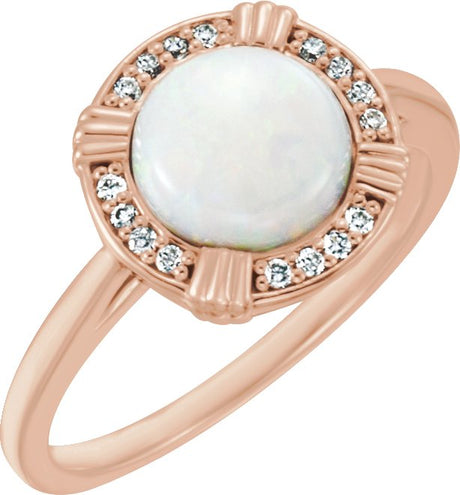 14K Gold Round Natural White Opal & Natural Diamond Cabochon Ring - Rose Gold
