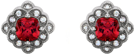 Platinum Lab-Grown Ruby & Natural Diamond Cushion 4-Prong Vintage-Inspired Earrings - view 2