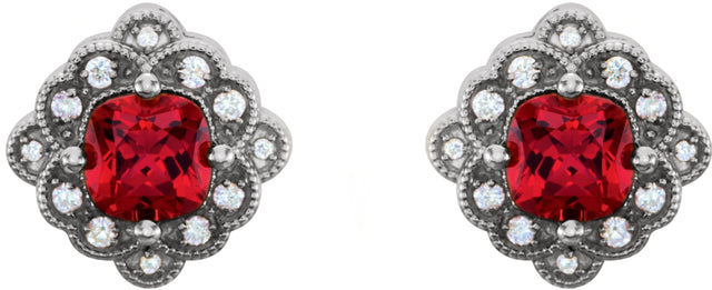 Platinum Lab-Grown Ruby & Natural Diamond Cushion 4-Prong Vintage-Inspired Earrings - view 2