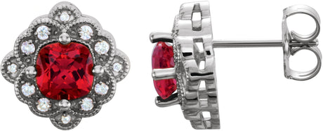 Platinum Lab-Grown Ruby & Natural Diamond Cushion 4-Prong Vintage-Inspired Earrings