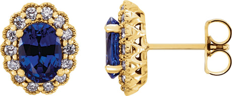 14K Gold Lab-Grown Blue Sapphire & Natural Diamond Oval 4-Prong Halo-Style Earrings - Yellow Gold