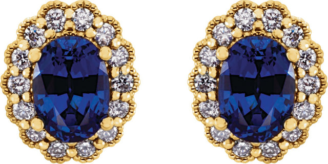 14K Gold Lab-Grown Blue Sapphire & Natural Diamond Oval 4-Prong Halo-Style Earrings - Yellow Gold - view 2