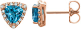 14K Gold Trillion Natural Swiss Blue Topaz & Natural Diamond Halo-Style Earrings – 5x5mm - Rose Gold
