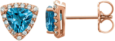 14K Gold Trillion Natural Swiss Blue Topaz & Natural Diamond Halo-Style Earrings – 5x5mm - Rose Gold