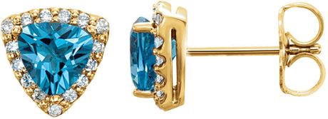 14K Gold Trillion Natural Swiss Blue Topaz & Natural Diamond Halo-Style Earrings – 5x5mm - Yellow Gold