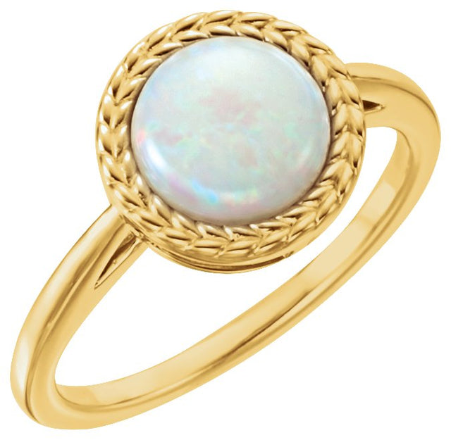 14K Gold Round Natural White Opal Bezel-Set Cabochon Ring - Yellow Gold