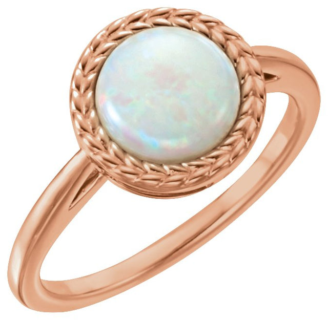 14K Gold Round Natural White Opal Bezel-Set Cabochon Ring - Rose Gold