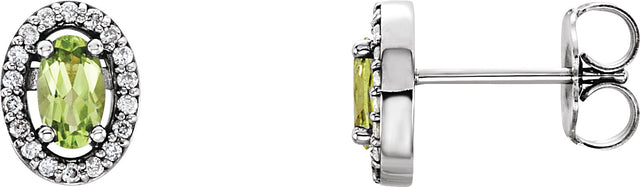 14K Gold Oval Natural Peridot & Natural Diamond Halo-Style Earrings - White Gold