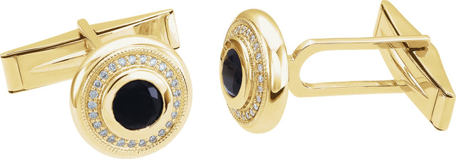 14K Gold Round Natural Black Onyx & Natural Diamond Accented Cuff Links - Yellow Gold - view 4