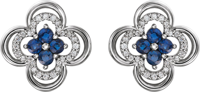 14K Gold Round Natural Blue Sapphire Clover Earrings – 2.5mm Stones - White Gold - view 4