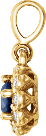 14K Gold Round Natural Blue Sapphire & Natural Diamond Halo-Style Pendant – 1/8 CTW - Yellow Gold - view 2
