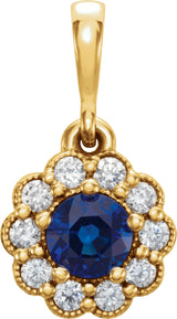 14K Gold Round Natural Blue Sapphire & Natural Diamond Halo-Style Pendant – 1/8 CTW - Yellow Gold