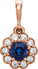 14K Gold Round Natural Blue Sapphire & Natural Diamond Halo-Style Pendant – 1/8 CTW - Rose Gold