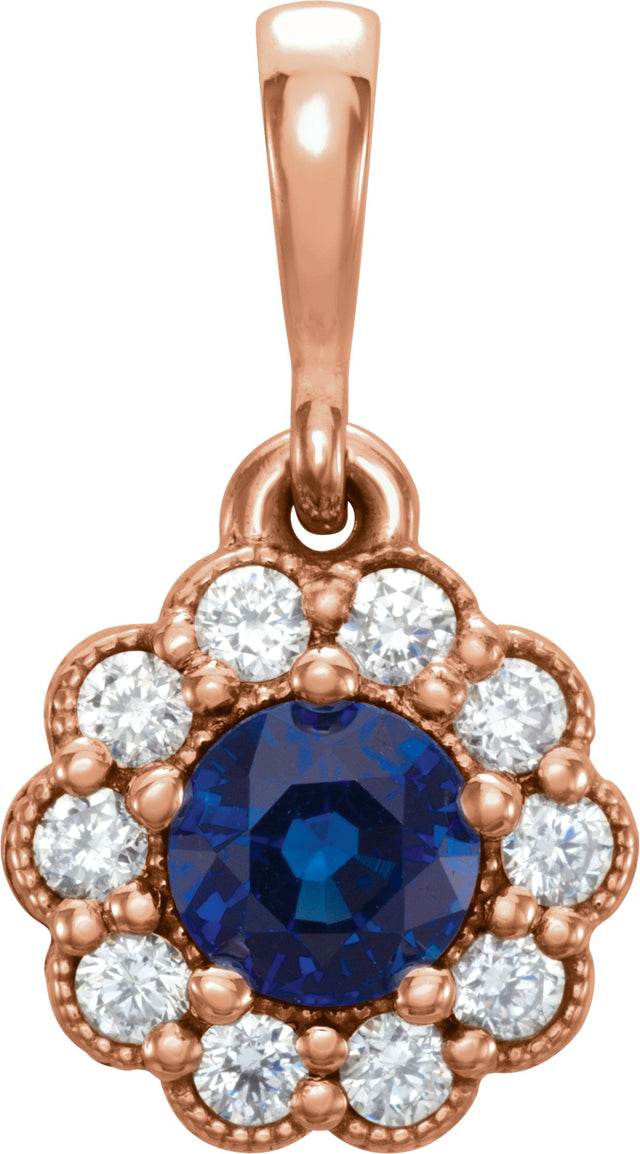 14K Gold Round Natural Blue Sapphire & Natural Diamond Halo-Style Pendant – 1/8 CTW - Rose Gold