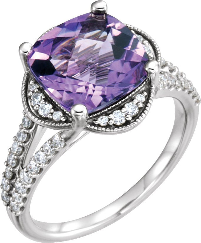 Platinum Cushion Natural Checkerboard Amethyst & Natural Diamond Accented Ring