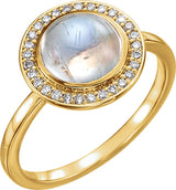 14K Gold Oval Natural Rainbow Moonstone & Natural Diamond Halo-Style Cabochon Ring – 7x5mm - Yellow Gold