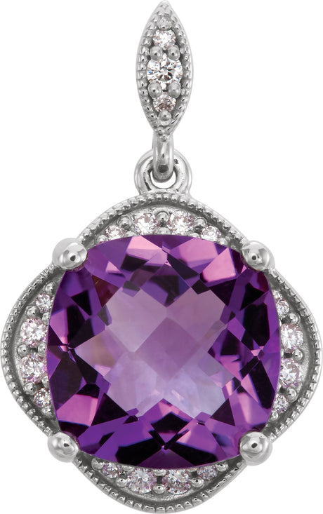 Platinum Cushion Natural Amethyst & Natural Diamond Halo-Style Pendant
