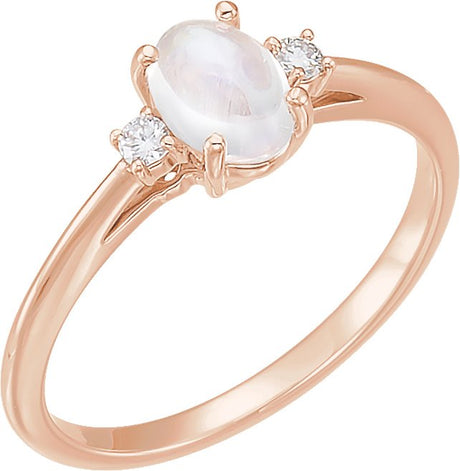 14K Gold Oval Natural Rainbow Moonstone & Natural Diamond Accented Ring - Rose Gold