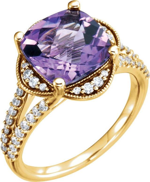 14K Gold Cushion Natural Checkerboard Amethyst & Natural Diamond Accented Ring - Yellow Gold