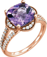 14K Gold Cushion Natural Checkerboard Amethyst & Natural Diamond Accented Ring - Rose Gold
