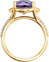 14K Gold Cushion Natural Checkerboard Amethyst & Natural Diamond Accented Ring - Yellow Gold - view 2