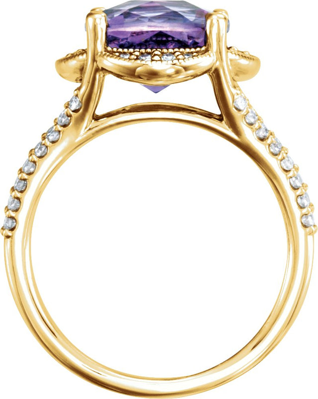 14K Gold Cushion Natural Checkerboard Amethyst & Natural Diamond Accented Ring - Yellow Gold - view 2