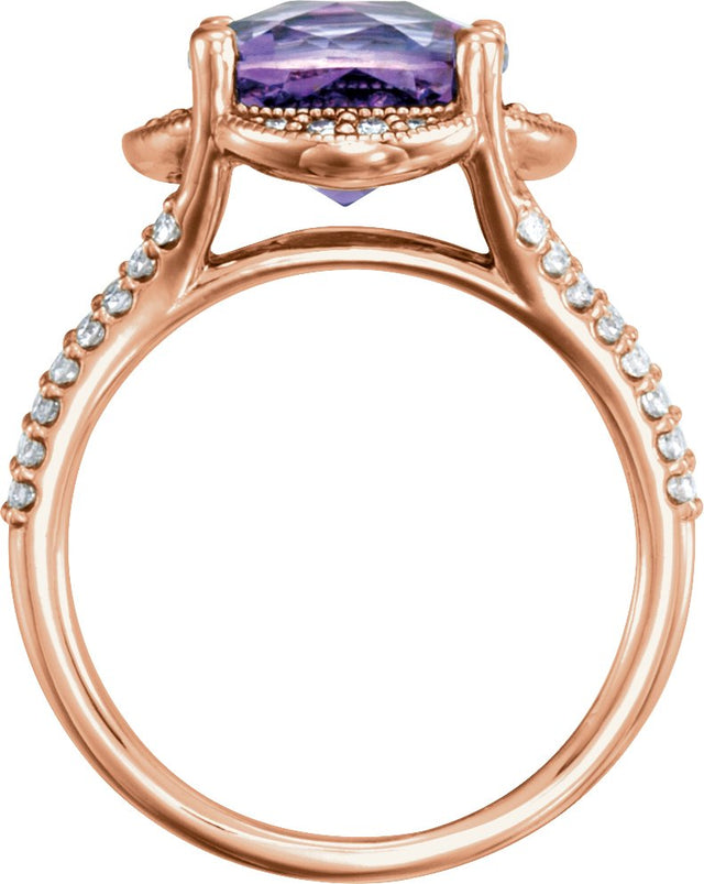 14K Gold Cushion Natural Checkerboard Amethyst & Natural Diamond Accented Ring - Rose Gold - view 2