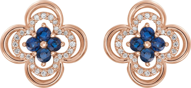 14K Gold Round Natural Blue Sapphire Clover Earrings – 2.5mm Stones - Rose Gold - view 4