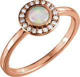 14K Gold Oval Natural White Opal & Natural Diamond Halo-Style Cabochon Ring - Rose Gold