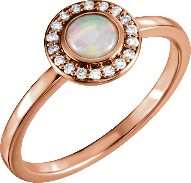 14K Gold Oval Natural White Opal & Natural Diamond Halo-Style Cabochon Ring - Rose Gold