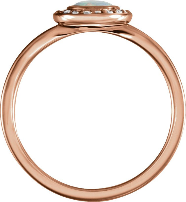 14K Gold Oval Natural White Opal & Natural Diamond Halo-Style Cabochon Ring - Rose Gold - view 2