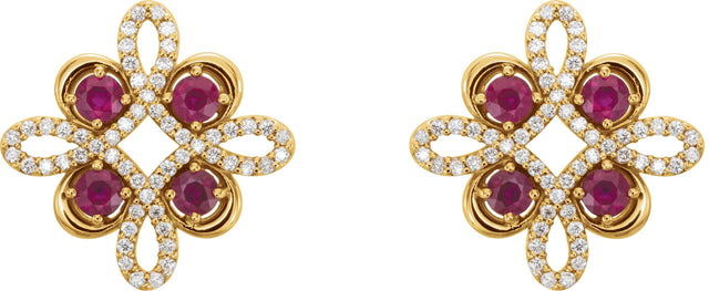 14K Gold Round Natural Ruby Clover Earrings - Yellow Gold - view 4