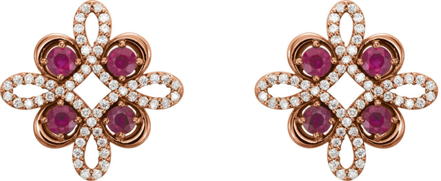 14K Gold Round Natural Ruby Clover Earrings - Rose Gold - view 4