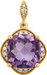 14K Gold Cushion Natural Amethyst & Natural Diamond Halo-Style Pendant - Yellow Gold