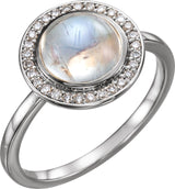 Platinum Oval Natural Rainbow Moonstone & Natural Diamond Halo-Style Cabochon Ring