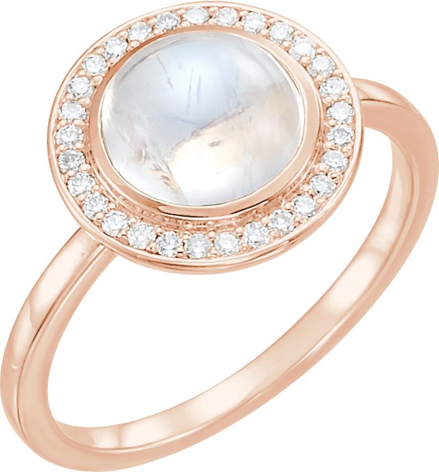 14K Gold Oval Natural Rainbow Moonstone & Natural Diamond Halo-Style Cabochon Ring – 7x5mm - Rose Gold