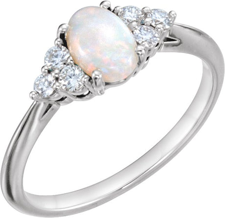 14K Gold Oval Natural White Opal & Natural Diamond Accented Ring - White Gold