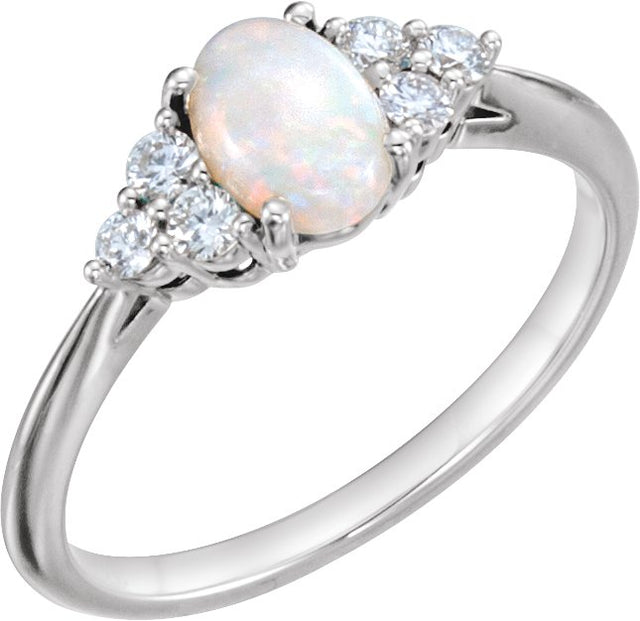 14K Gold Oval Natural White Opal & Natural Diamond Accented Ring - White Gold