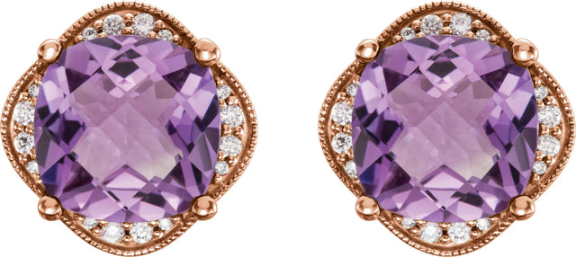 14K Gold Cushion Natural Amethyst & Natural Diamond Accented Earrings - Rose Gold - view 2