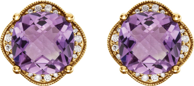 14K Gold Cushion Natural Amethyst & Natural Diamond Accented Earrings - Yellow Gold - view 2