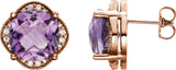 14K Gold Cushion Natural Amethyst & Natural Diamond Accented Earrings - Rose Gold