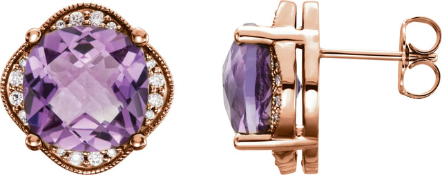 14K Gold Cushion Natural Amethyst & Natural Diamond Accented Earrings - Rose Gold