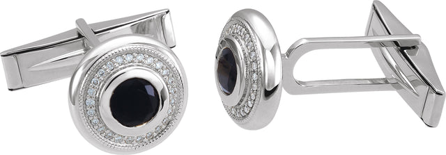 14K Gold Round Natural Black Onyx & Natural Diamond Accented Cuff Links - White Gold - view 4