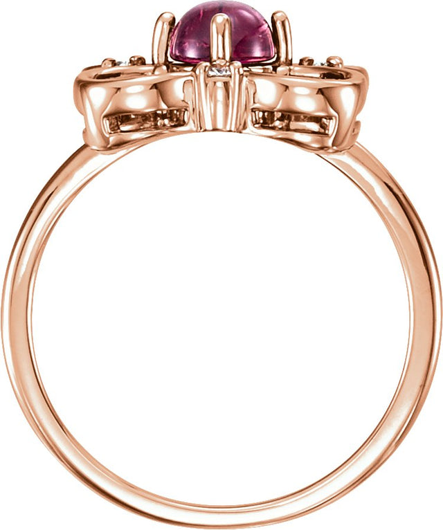 14K Gold Round Natural Pink Tourmaline & Natural Diamond Clover Cabochon Ring - Rose Gold - view 2
