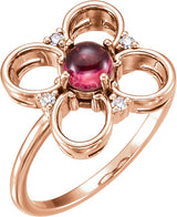 14K Gold Round Natural Pink Tourmaline & Natural Diamond Clover Cabochon Ring - Rose Gold