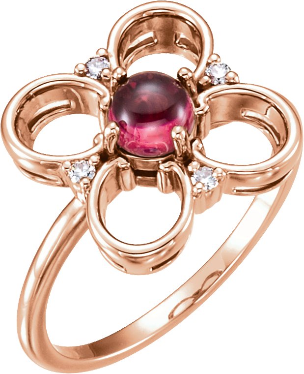 14K Gold Round Natural Pink Tourmaline & Natural Diamond Clover Cabochon Ring - Rose Gold